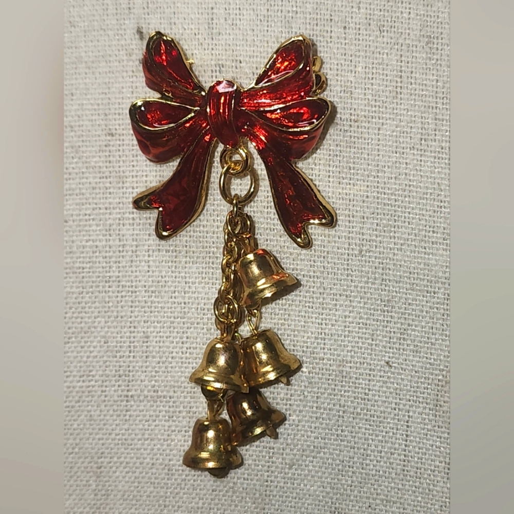 Vintage MIO Red Enamel Bow and Goldtone Jingle Bell Brooch